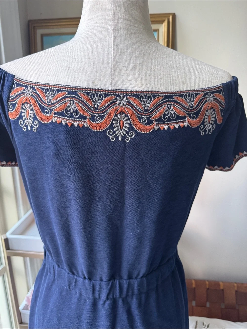 Tory Burch Navy Embroidered Off-Shoulder Dress with Coral and White Accents